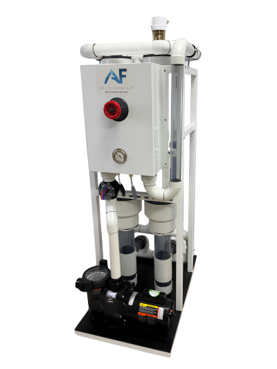 Aqua Fuzion Skid, Aquadei's device that creates nanobubbles and is plumbed in a pool's return, delivering millions of oxygen/ozone infused nanobubbles into the water.