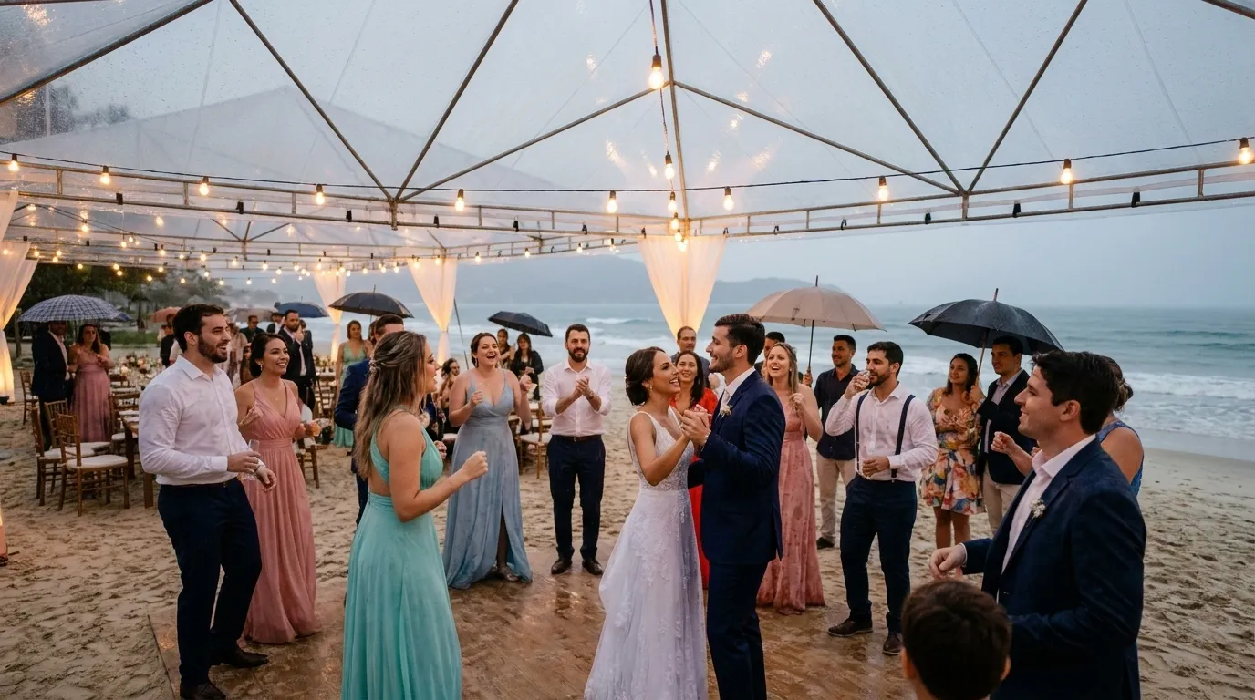 Casamento na praia com chuva: o plano B que funciona