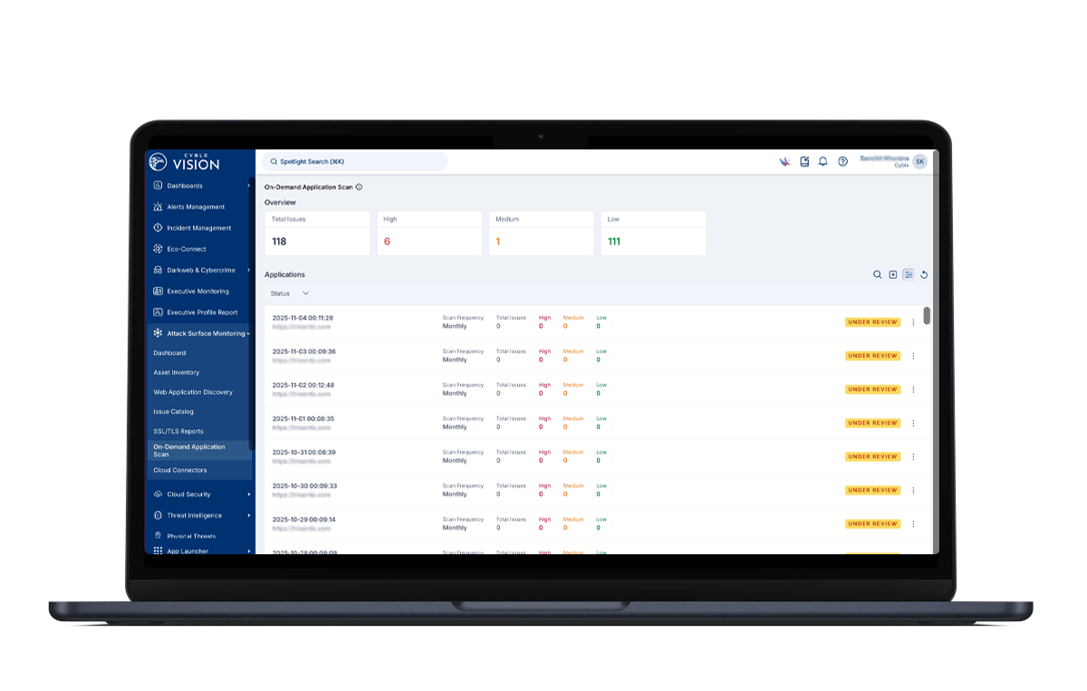 Cyble Vision's on-demand application scan identifies issues and classifies them in high, medium, or low priority.