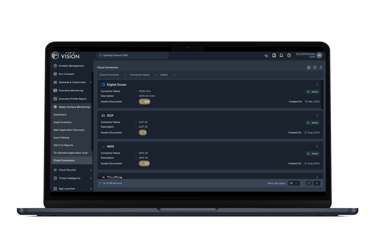 Cyble Vision's cloud connectors, inside its attack surface management (ASM) feature.