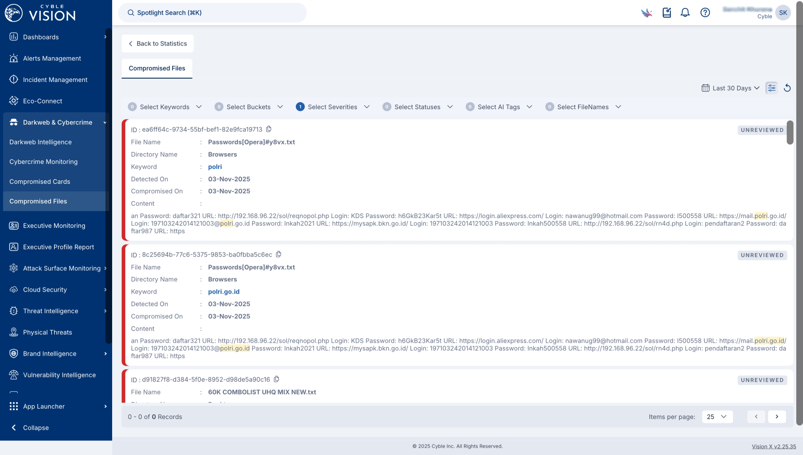 Cyble Vision can identify compromised files.