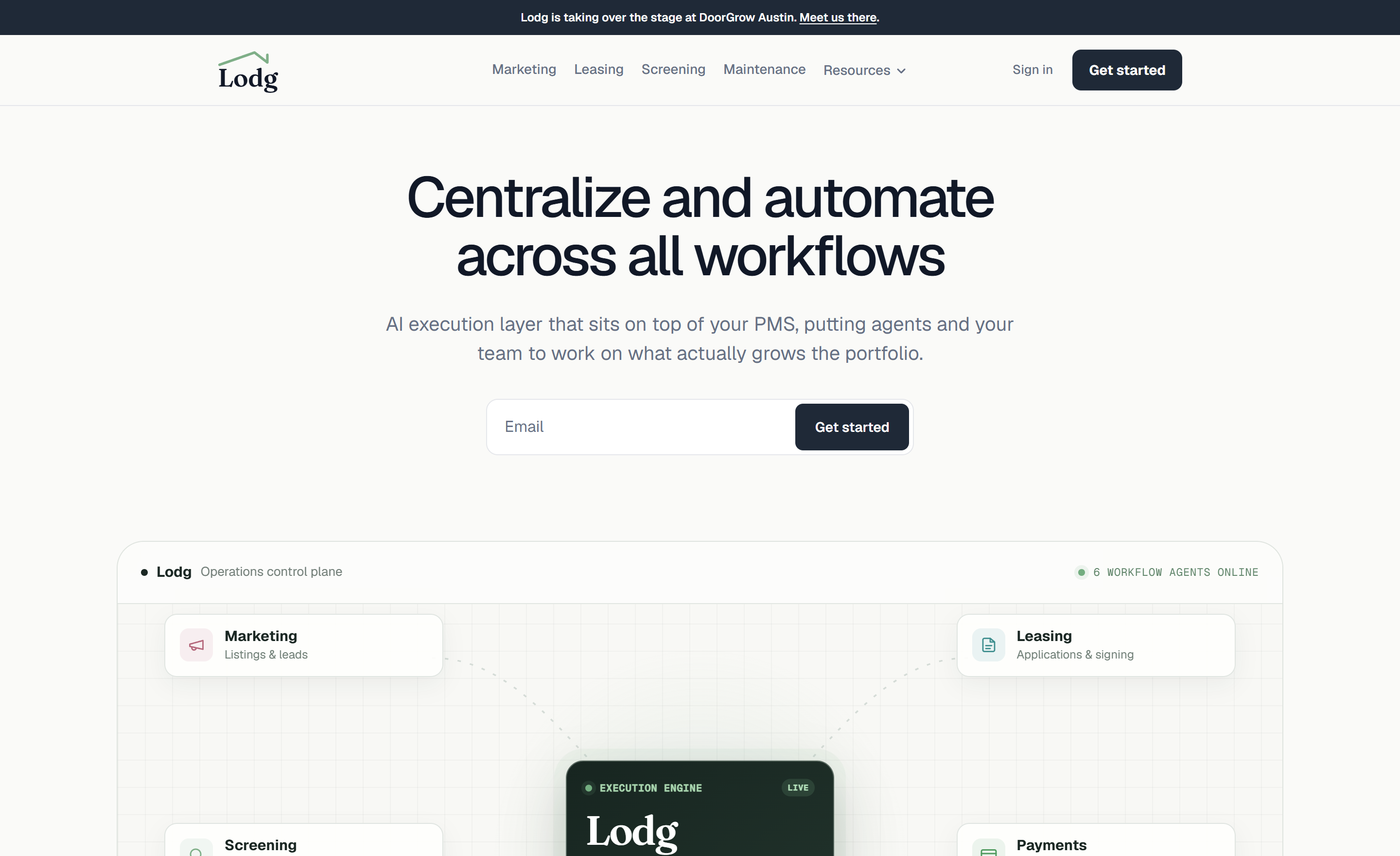 Lodg.AI homepage hero with the headline 'Centralize and automate across all workflows' above the AI operations control plane for property management.
