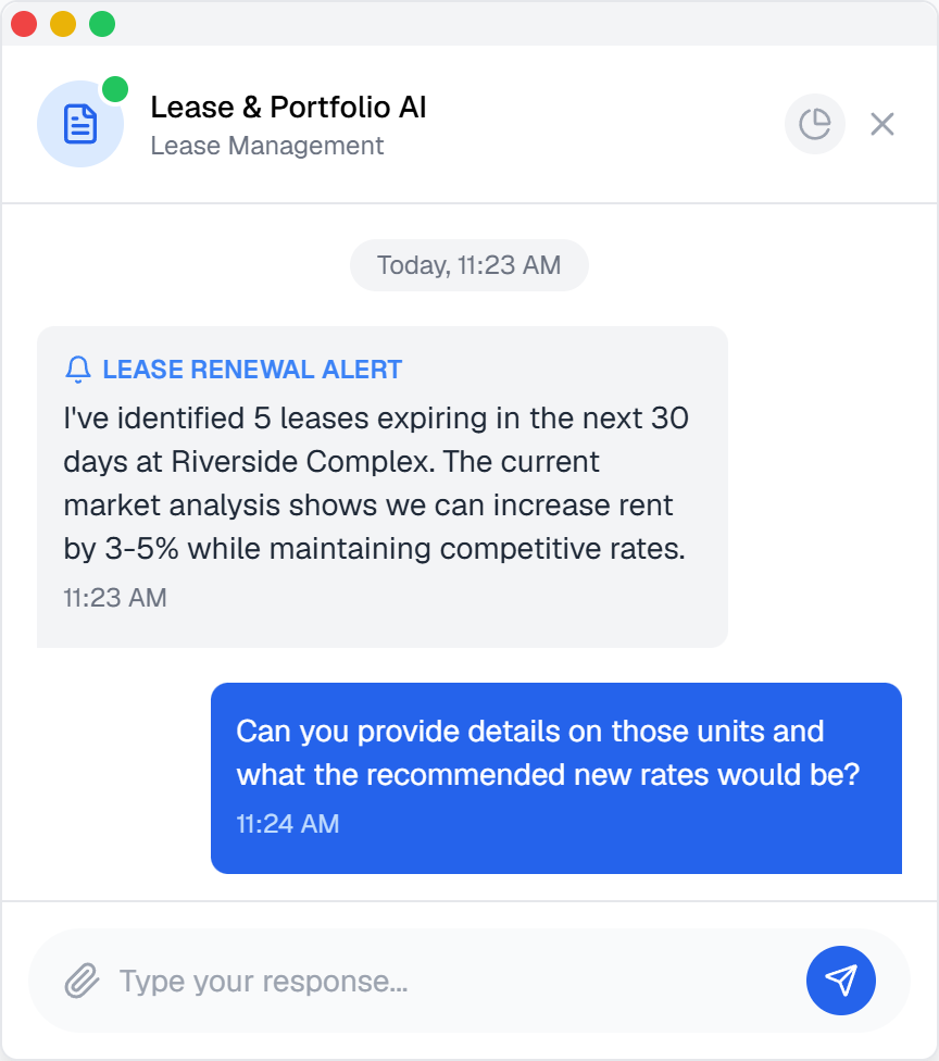Lodg.AI Lease and Portfolio AI chat interface showing an automated lease renewal alert with market-based rent increase recommendations for a multifamily property.