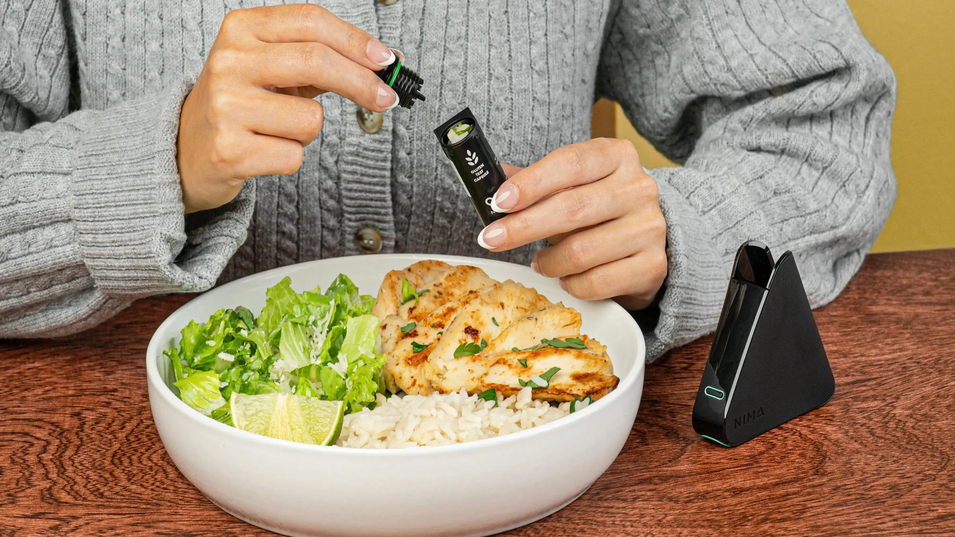 With NIMA, you can load a pea-sized food sample into a single-use capsule, insert it into the sensor, and get a clear result in about three minutes